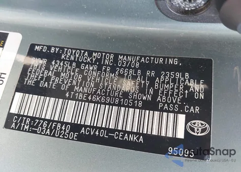 2009 Toyota Camry Le z USA, uszkodzony, nr VIN 4T1BE46K69U810518